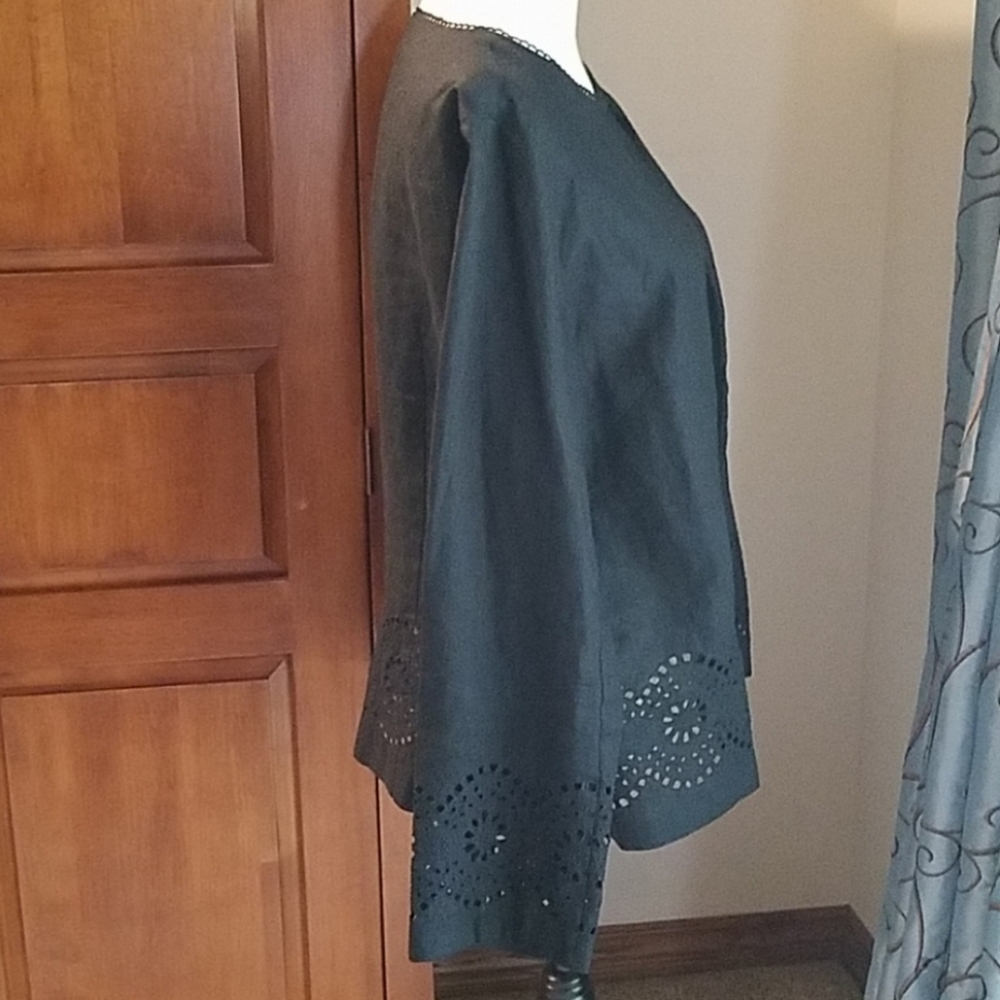 70. Laura Ashley jacket, collar-less black linen, laser cut, EUC - Picture 6 of 11